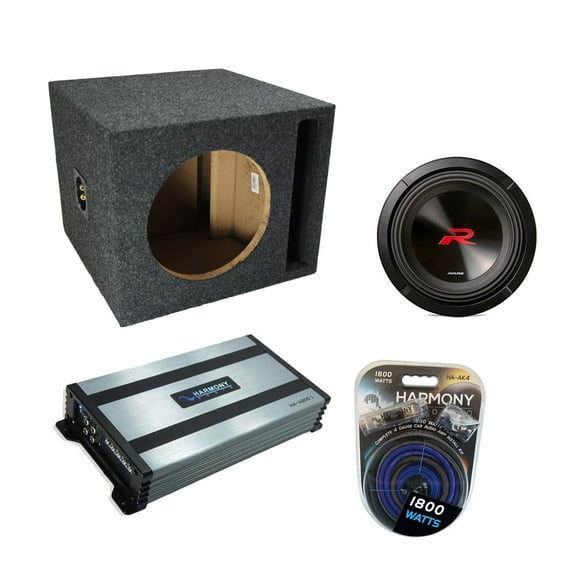 Universal Car Stereo Slotted S Port Single 10" Alpine Next-Generation R-Series R2-W10D4 Sub Box Enclosure with Harmony HA-A800.1 Amplifier & 4GA Amp Kit