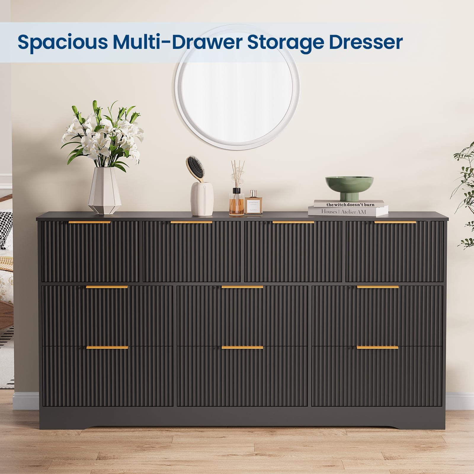 Fluted Design 10-Drawer Dresser - 59" Wide Modern Wood Chest for Bedroom, Living Room TV Stand or Hallway Storage Organizer with Wood Frame, Black