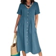 thumbnail image 1 of LUXUR Robe Longue Femme Manches Courtes Maxi Robes Col en V Été Plage Robe d'Été Aguichant Couleur Unie Bleu Ciel G, 1 of 3