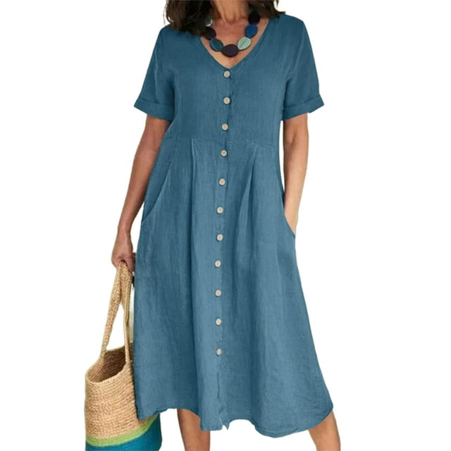LUXUR Robe Longue Femme Manches Courtes Maxi Robes Col en V Été Plage Robe d'Été Aguichant Couleur Unie Bleu Ciel G