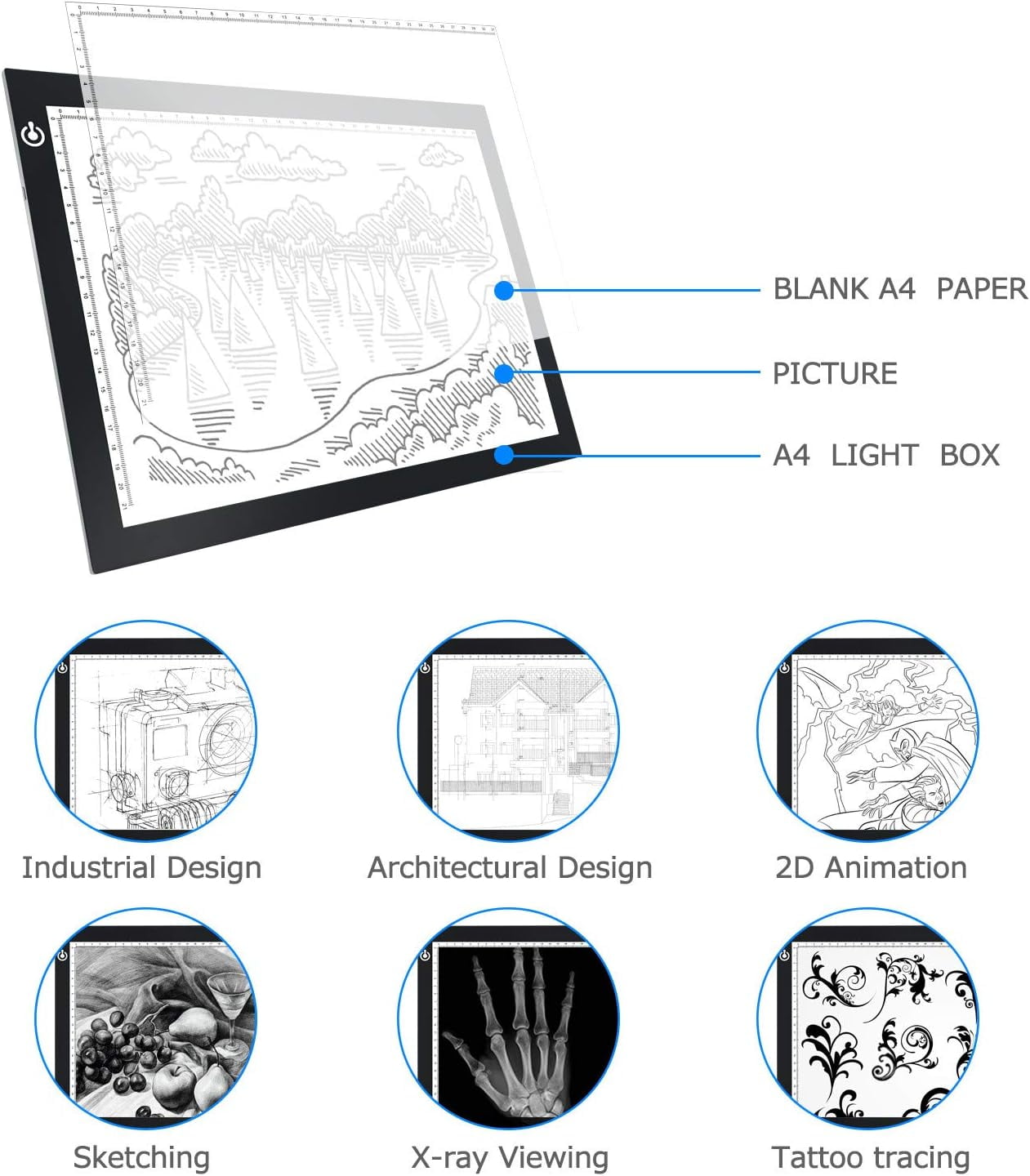  GRyiyi A4 LED Tracing Light Pad Portable Art Light Box with  Scale Adjustable Brightness USB Power,Ultra-Thin Copy Board Table for  Diamond Painting Drawing Sketching (New)
