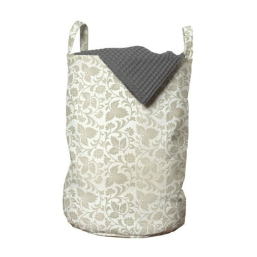 Floral Laundry Bag, Traditional Victorian Retro Swirl Flowers Classic Blooms Rococo Pattern, Hamper Basket with Handles Drawstring Closure for Laundromats, 13" x 19", Beige White, by Ambesonne