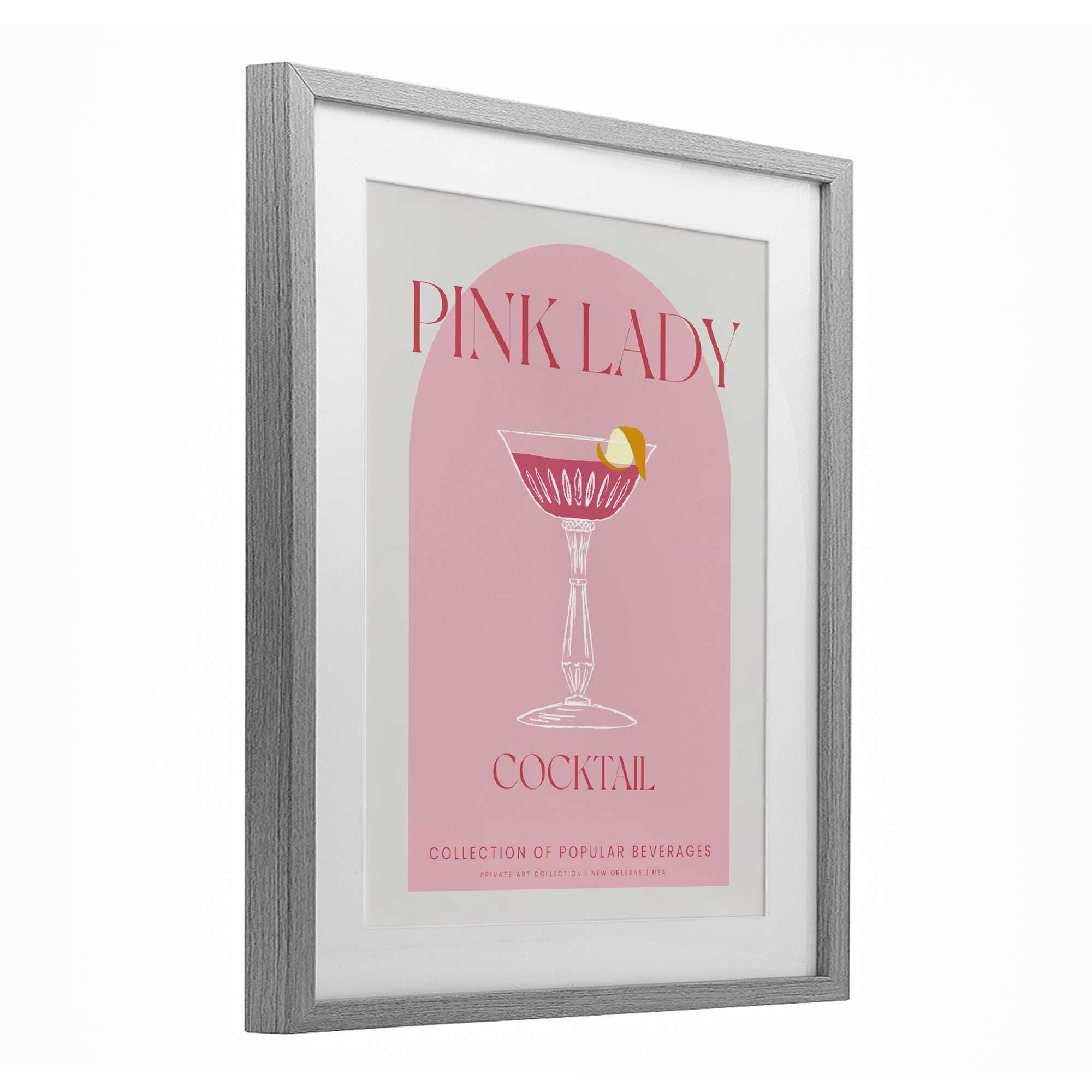 Stylish Retro Pink Lady Gray Framed Print Under Glass, design by Lil' Rue