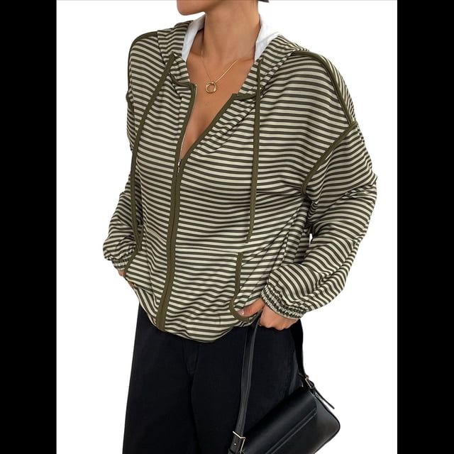 1 Chaqueta con Capucha A Rayas para Mujer, Cárdigan Fino y Holgado de Verano, Talla Pequeña, Larga Verde XL