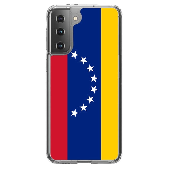 DistinctInk Clear Shockproof Hybrid Case for Galaxy S21 5G (6.2" Screen) - TPU Bumper, Acrylic Back, Tempered Glass Screen Protector - Venezuela Flag Red Blue Yellow - Love of Venezuela