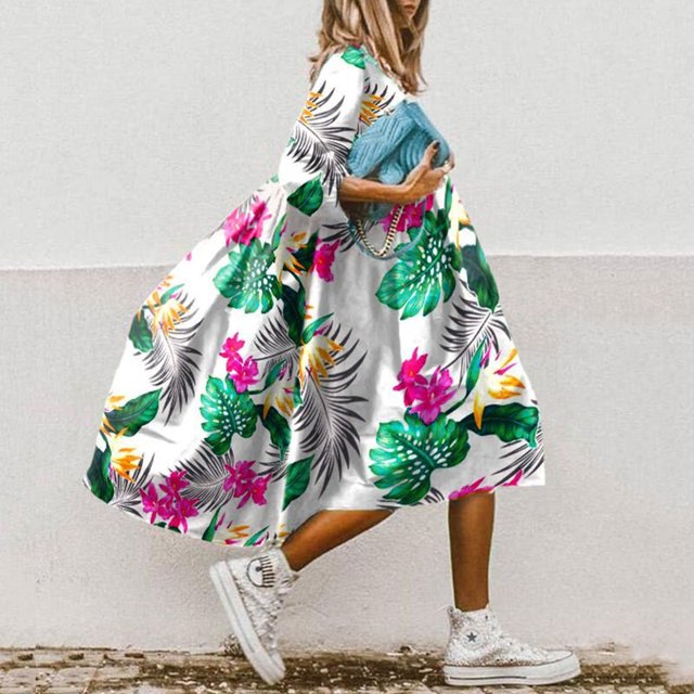 Women Floral Print A-Line Dress Summer Fashion O Neck Loose Office Party Dresses Casual Half Sleeved Boho Beach Dress VestidosXL Gao Jinjia LED