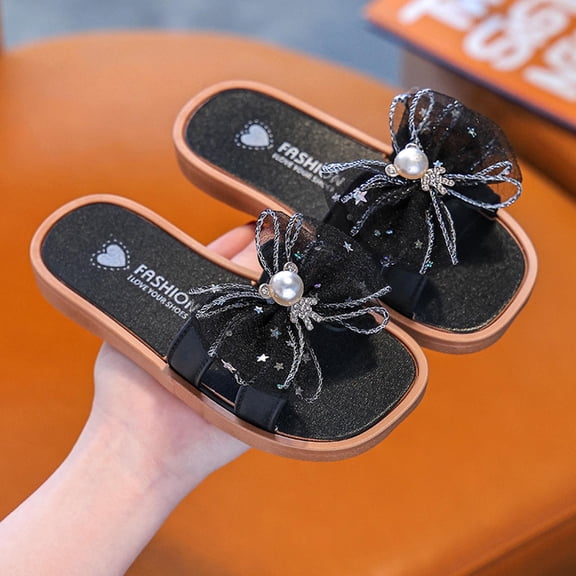 Children's Summer Bow Pearl Slippers Soft Bottom Casual Beach Shoes One Line Cool Dragging Children's Shoes Zapatos para niños pequeños