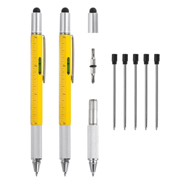 Unique Bargains 2pcs 6 in 1 Metal Multitool Tech Tool Pen Gifts for Men with Ballpoint Pen, Ruler, Screwdriver, Stylus, Refills, Yellow