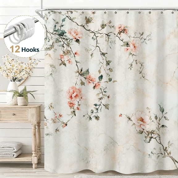 Watercolor Flower Fabric Vintage Floral Shower Curtain, Elegant Exquisite Farmhouse Shower Curtain Set for Bathroom, Waterproof Cloth Fabric with Hooks Decorative Flower Shower Curtain, 36*72in