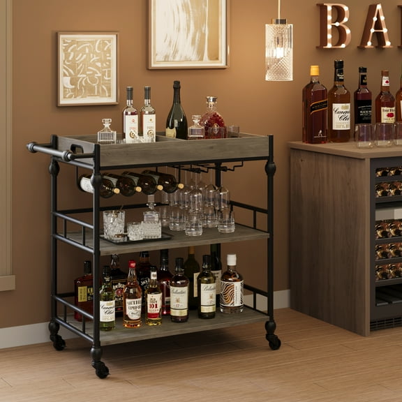 3 Tier Bar Cart with Wheels, Rolling Cart with Wine Rack and Glasses Holder, Industrial Serving Cart with Removable Tray for Kitchen, Living Room, Dining Room - Grey