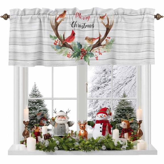 Valance Curtains for Kitchen Windows Antlers Christmas Cardinal Bird Red BerryRod Pocket Valance Farm Vintage Wood BoardShort Window Curtain Topper for Bedroom Living Room Bathroom 42x12in