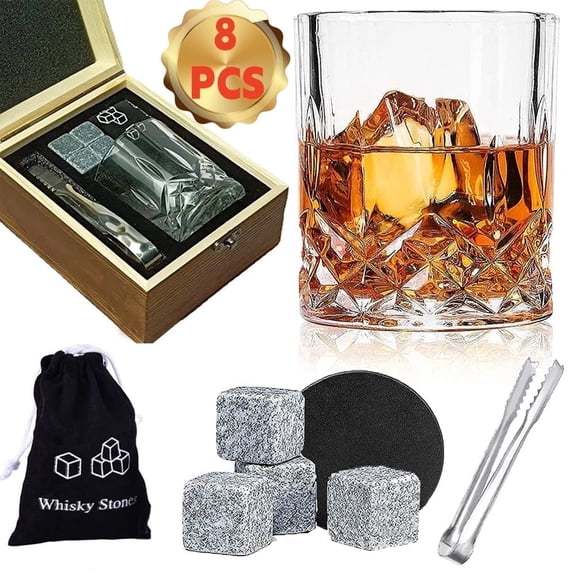 Youersen Whiskey Gift Set, Whiskey Stones, Crystal Glass, and Blessing Card in Elegant Wooden Box, 8 Pcs