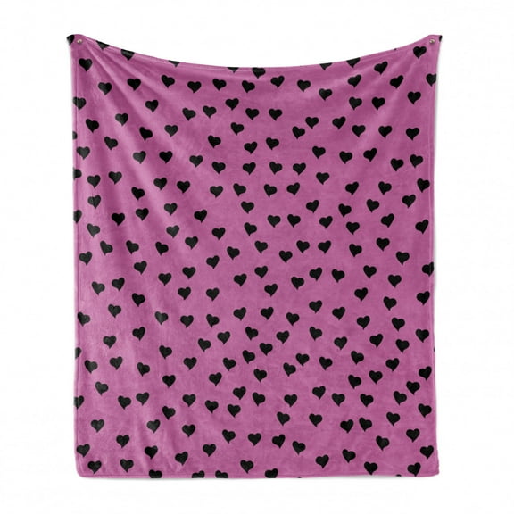 Hot Pink Soft Flannel Fleece Blanket, Valentine's Day Inspired Black Mini Hearts on Fuchsia Backdrop Abstract Design, Cozy Plush for Indoor and Outdoor Use, 50" x 70", Fuchsia Black, by Ambesonne