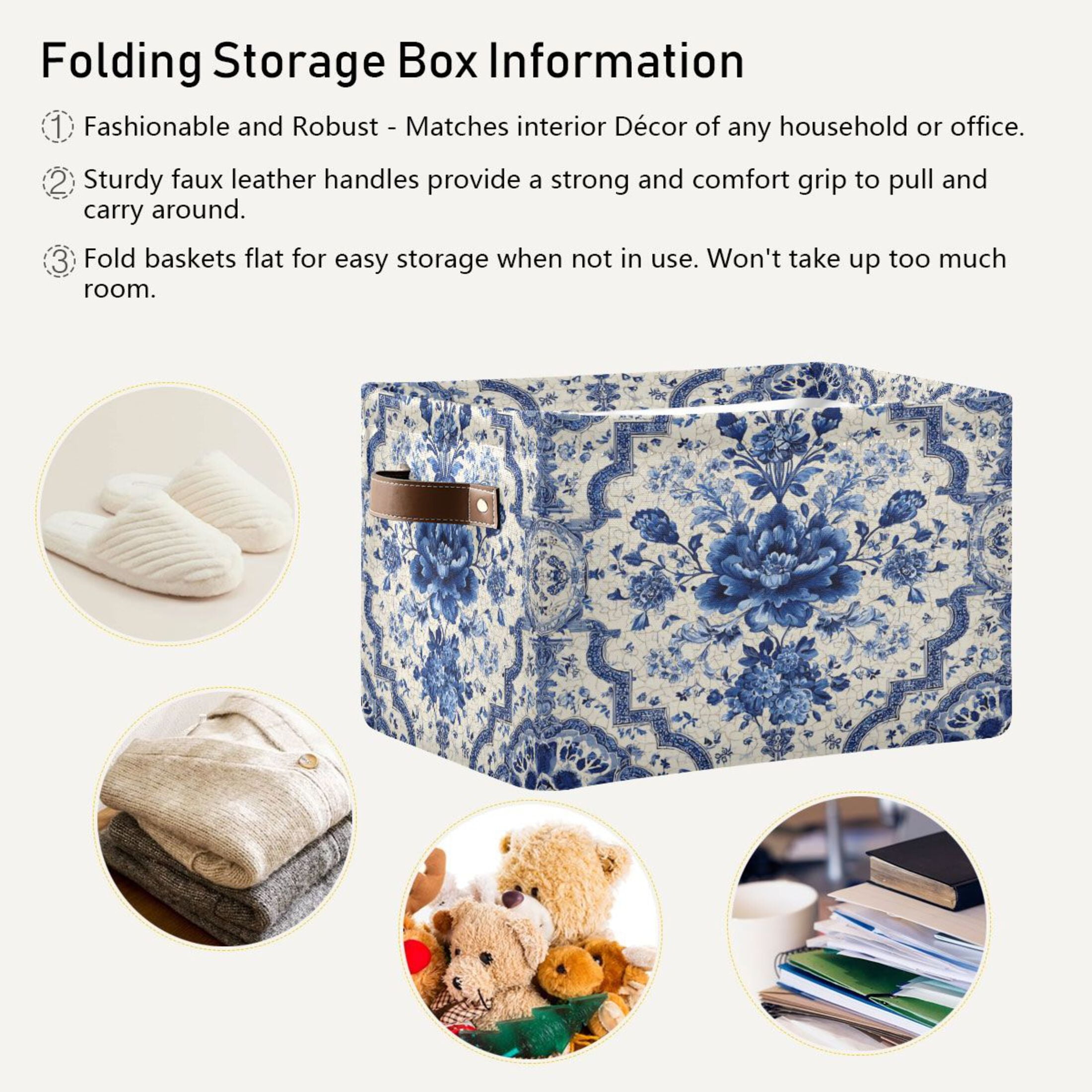Foldable Storage Basket,Canvas Fabric Foldable Storage Bins with Handles Open Home Storage Bins Boxes for Toy Book Shelf Closet Baskets Blue and White Porcelain-style