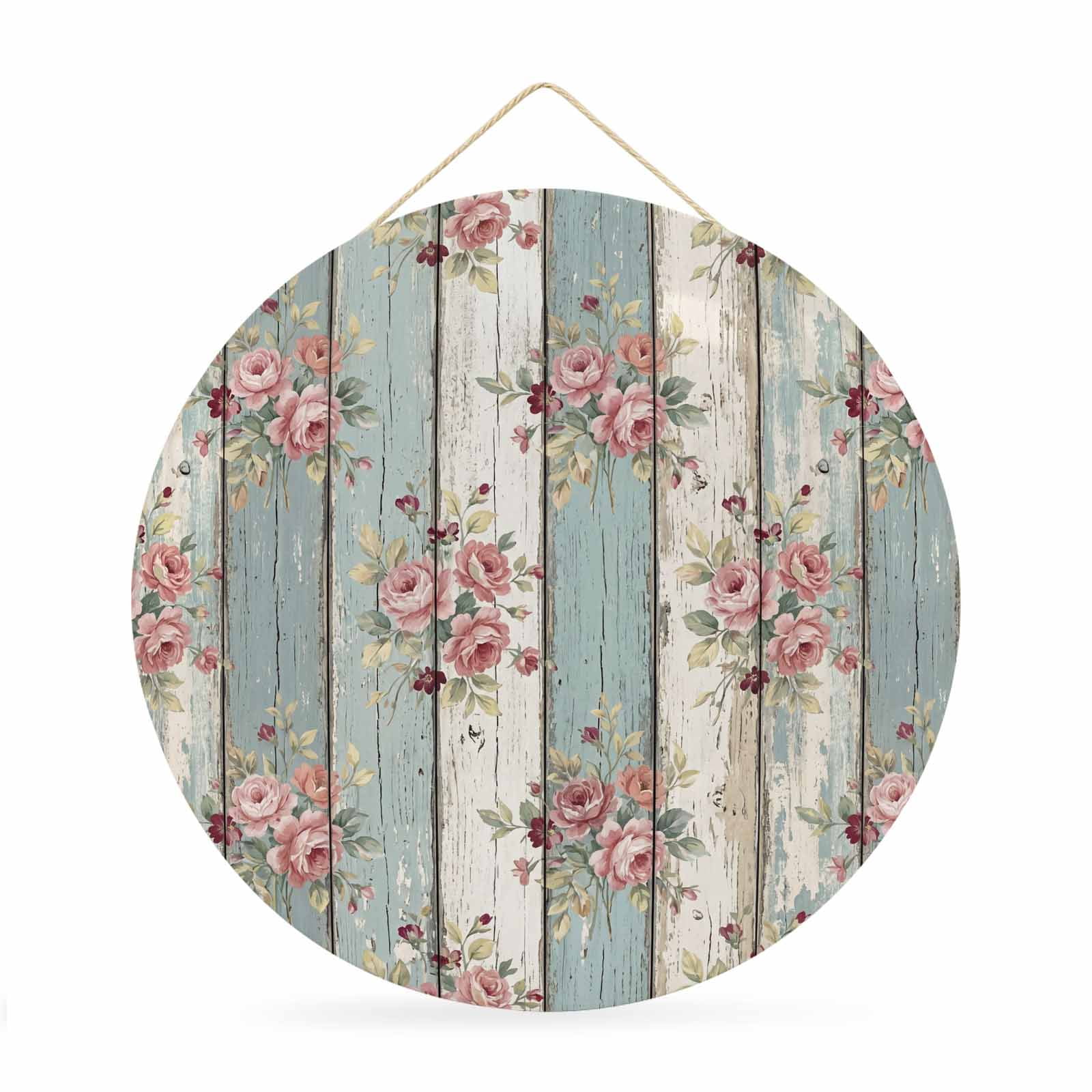 Welcome Sign Front Door Decorations Teal Green Wooden Round Wall Art Outdoor Metal Wreaths Farmhouse Pink Florals Distressed Seasonal Hanging Sign for Home Porch Decor Warming Gift 12 In