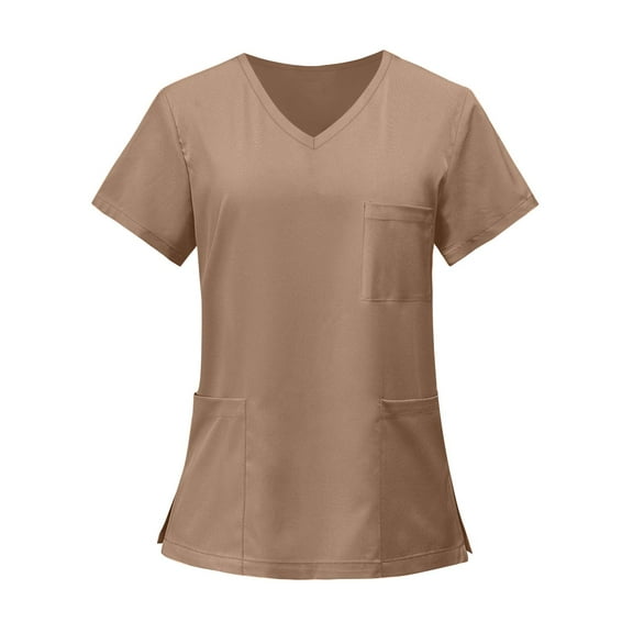 Xyxonk Scrub Tops Women's Plus Size V Neck Tops Loose Fit Short Sleeve Stretch Easy Care Uniforms with Pockets, Beige 4XL