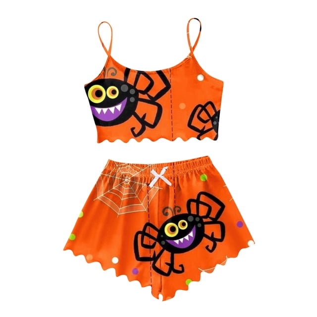 asddcavvf Ensembles de Pyjama pour Femmes 2 Pcs Imprimé Dessin Animé Halloween Ensemble de Shorts de Pyjama