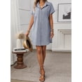 thumbnail image 2 of Shirt Dress Cotton Linen Short Sleeve Striped A Line Mid Length Casual Work Dress S-XL, 2 of 7