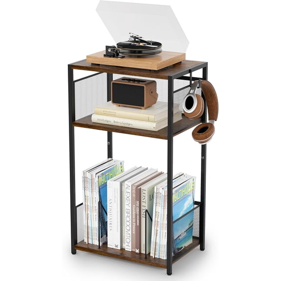 3-Tier Record Player Stand with Storage for Up to 100 Vinyl Albums, Turntable Shelf with Brown Finish for Living Room & Bedroom