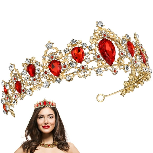 KAKOWELY Royal Crystal Tiara Wedding Crown Headpieces Bridal Hair Accessories (Red),6.3"X5.12"X2.36"