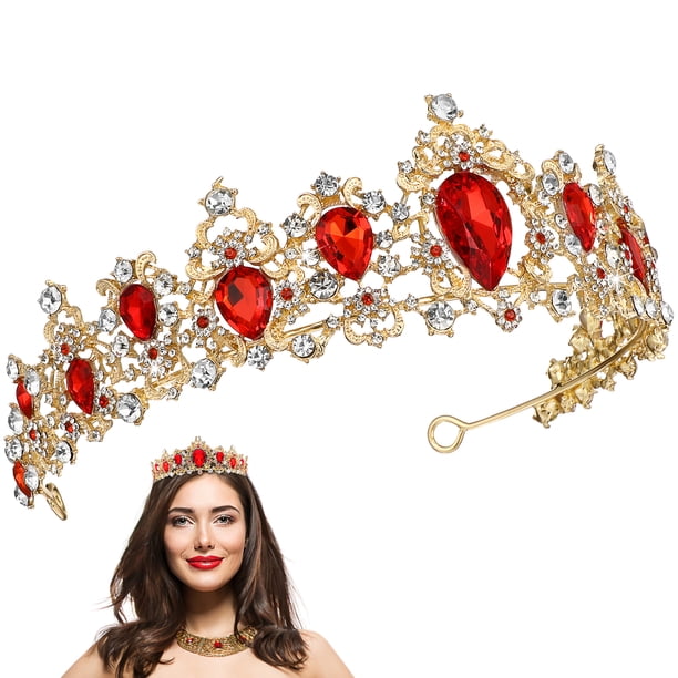 Tiara de cristal real Frcolor, corona de boda, tocados, accesorios para el cabello de novia (rojo)
