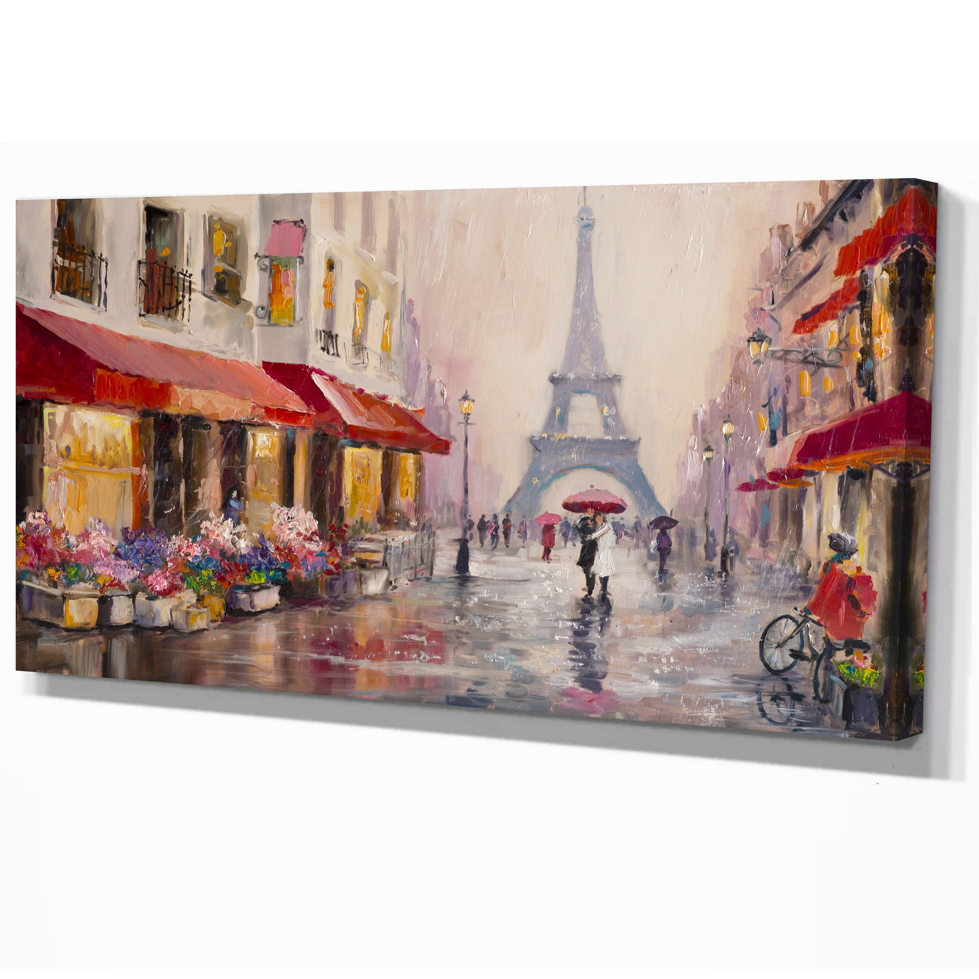 Designart 'Lovers in Paris Eiffel Tower ' Cityscapes Painting Print on Wrapped Canvas