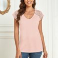thumbnail image 3 of Camisa de encaje para mujer, escote en V profundo, ajuste holgado, color sólido, transpirable, blusa informal de verano para uso diario, Rosa M, 3 of 8