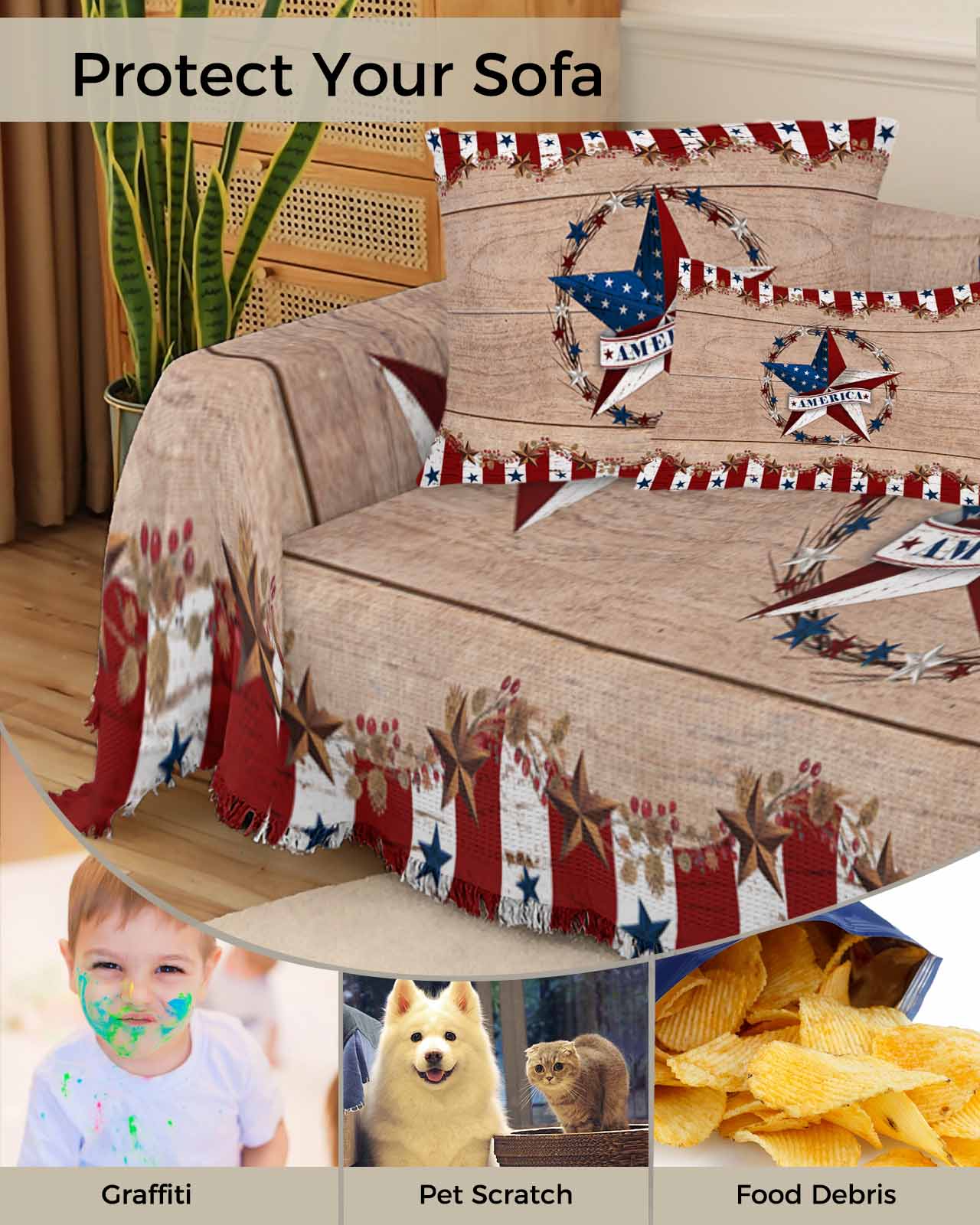 Independence Day Sofa Couch Covers for Dog,Washable Sofa Throw Cover Single Slipcovers for Armchair with Tassels,American Flag Country Style Star Couch Protector Towel Blanket Medium 71''x91''