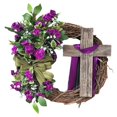 thumbnail image 1 of Corona de Pascua con cruz y vegetación para colgar en la pared o la puerta de entrada de una casa de campo. Rojo púrpura, 1 of 6