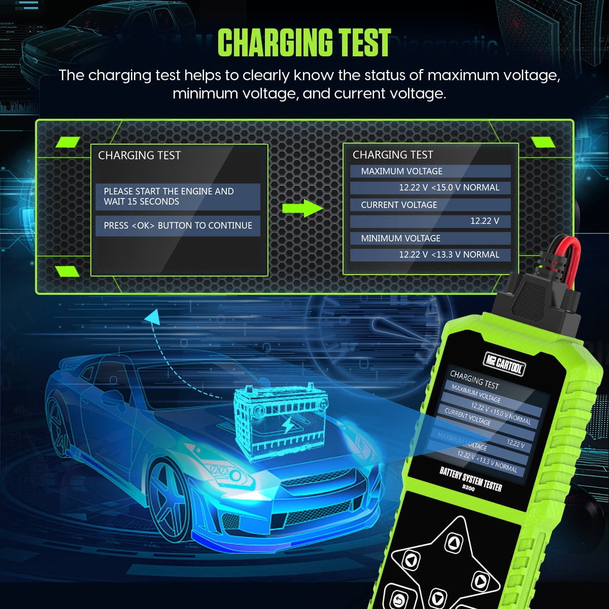 MR CARTOOL B200 Car Battery Tester Multimeter 12V/24V 30-1700 CCA Auto Cranking Charging Analyzer for Truck Motorcycle Boat