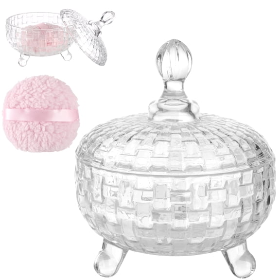2 PCS Large Body Powder Puff with Glass Jar Set, 3-Leg Glass Container, Soft Washable Powder Puff for Face and Body, Reusable Puff with Ribbon Band for Makeup Glitter and After-Bath Care