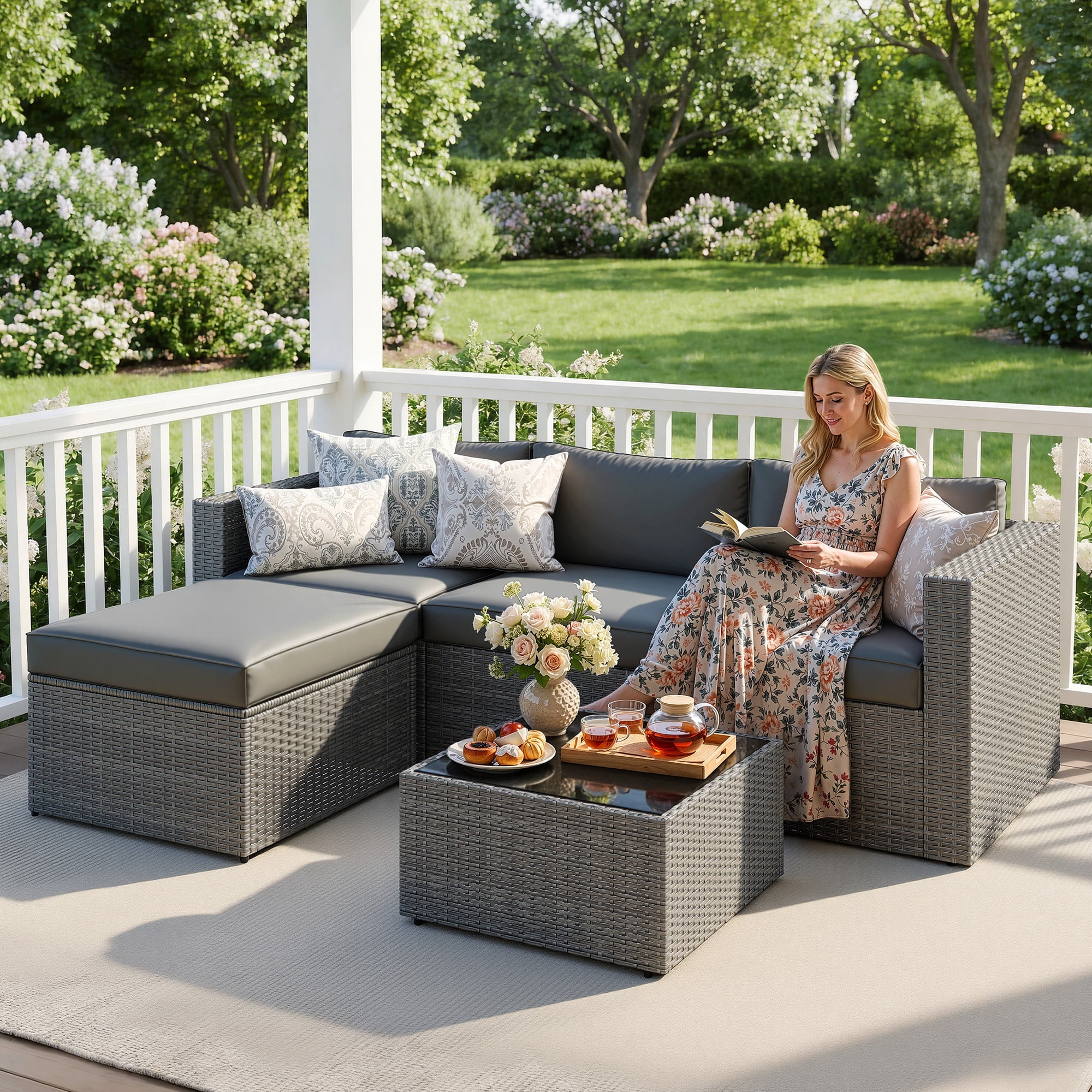 CozyHome 5-Piece Patio Rattan Furniture Set, Wicker Outdoor Sectional Sofas with Ottoman and Coffee Table, Grey