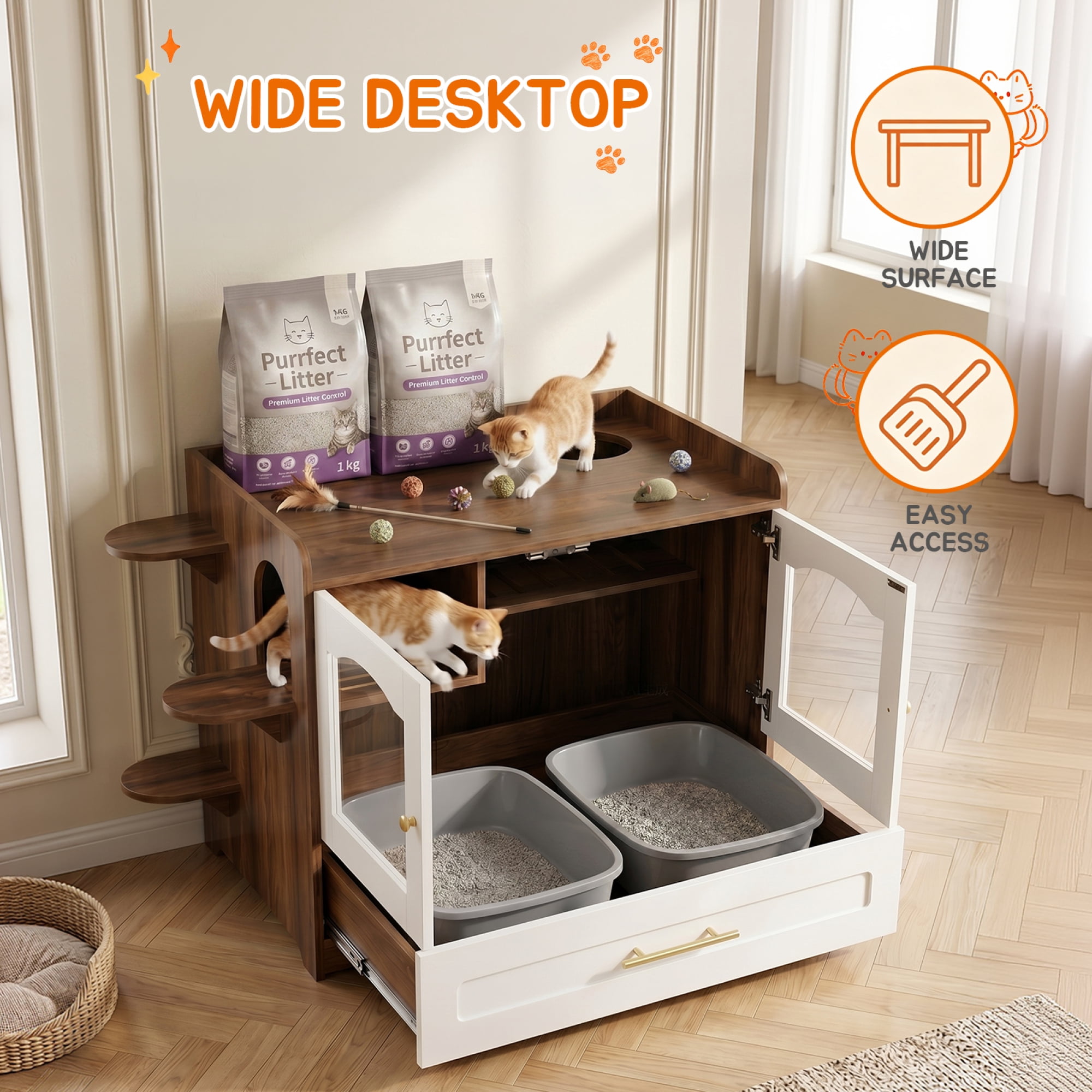HOQBN Cat Litter Box Enclosure Furniture, Dog Proof Hidden Litter Box Cabinet with Acrylic Door, Extra Long Runway & Storage Drawer, Indoor Cat Play Area Brown+White