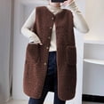 thumbnail image 4 of comerut Fall Winter Women Vest Coat Round Neck Loose Mid Length Sleeveless Single-breasted Pockets Cardigan Warm Thick Outwear Waistcoat, 4 of 8
