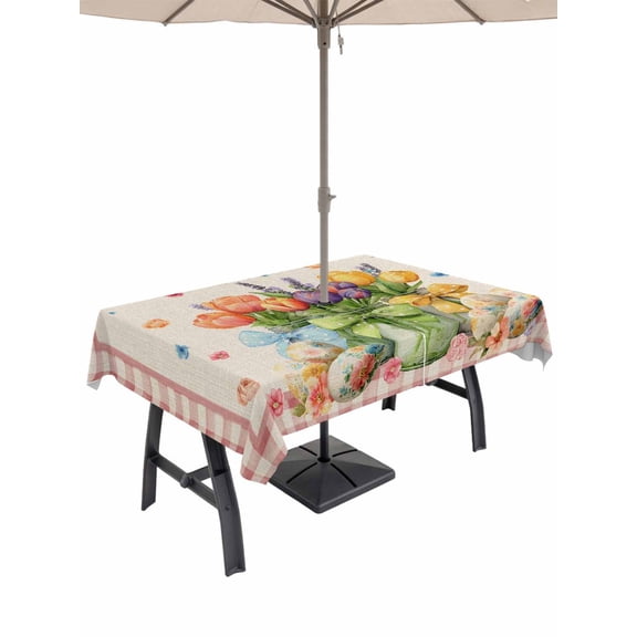 Spring Easter Outdoor Tablecloth - 60x120 Inch Rectangle Dining Table Cover, Colorful Tulip Floral Eggs Pink Plaid Rustic Waterproof Outdoor Table Cloth with Umbrella Hole & Zipper for Picnic/Patio