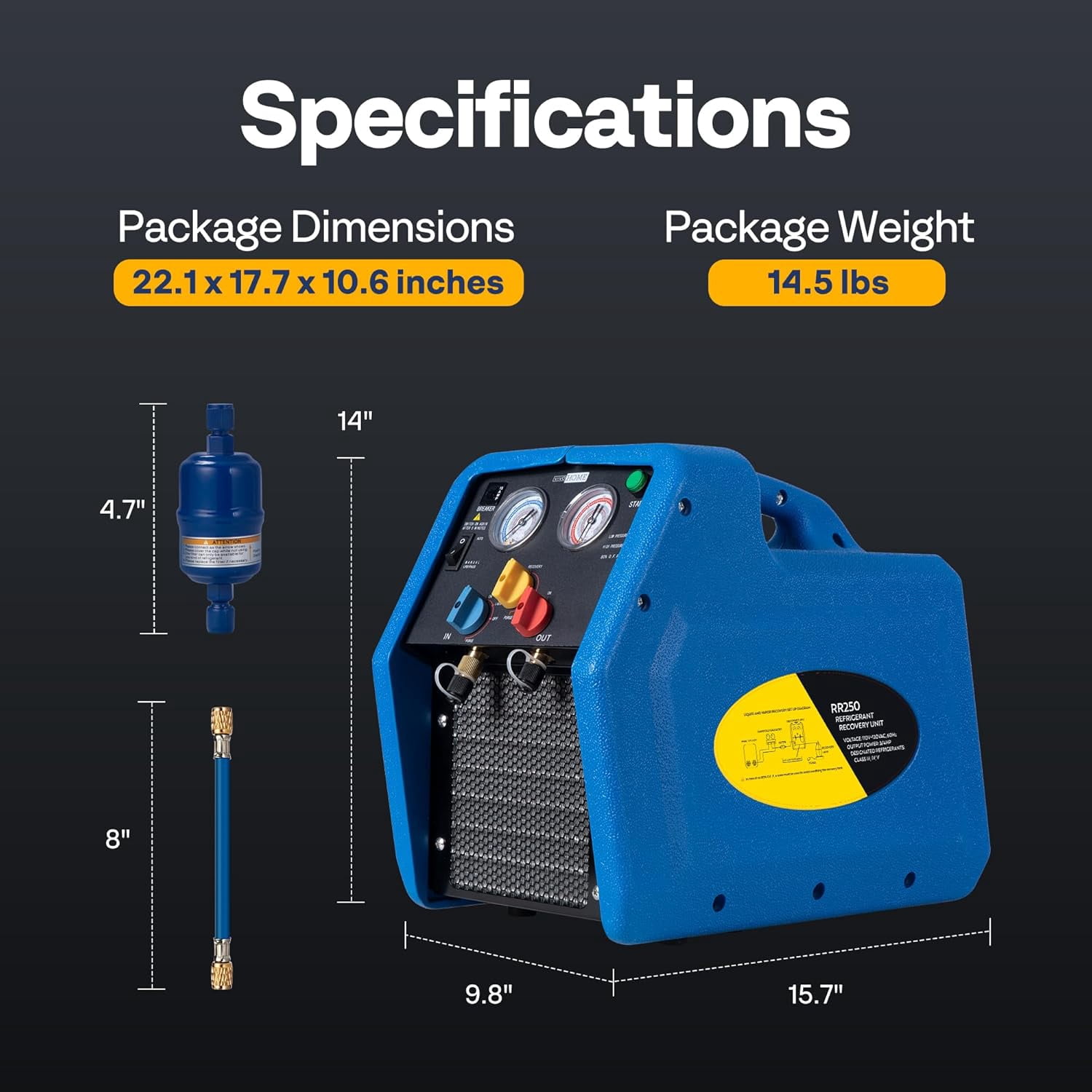 SPECSTAR R1234yf R32 3/4 HP Portable Refrigerant Recovery Machine Oil-Less, Freon Recycling Unit HVAC for Vapor Liquid Refrigerant, Car Air Conditioning