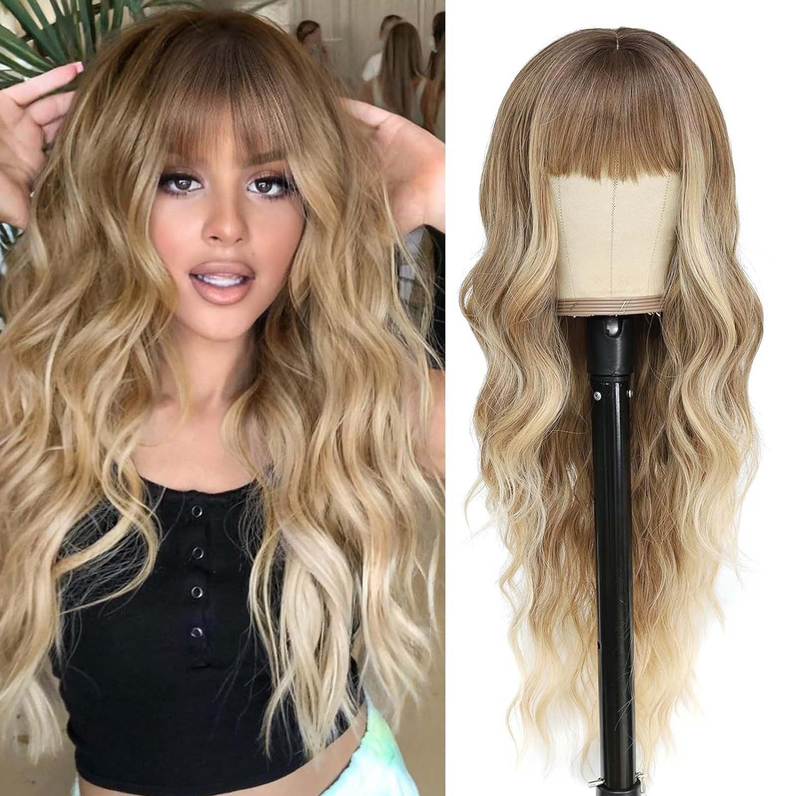 Long Wavy Wig with Bangs for Women, Brown Highlight Synthetic Wig with Dark Roots, Heat Resistant Wigs for Daily Party Use(Gold,One Size)