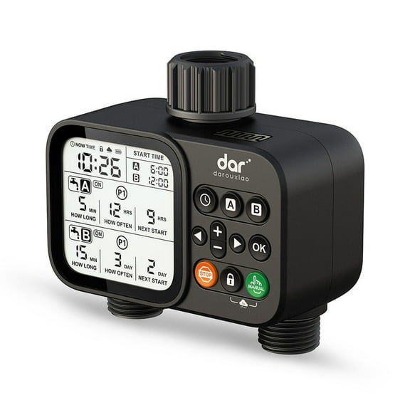 2-Zone Programmable Irrigation Timer with Timed Watering, Rain Sensor, Screen Lock, LCD Backlight Screen, Waterproof
