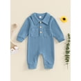 thumbnail image 2 of FEORJGP Toddler Baby Boys One-piece Jumpsuits 0 3M 6M 12M 18M Infant Long Sleeve Waffle Rompers Turn-down Collar Solid Bodysuits Newborn Little Boy Fashion Casual Comfy Clothes for Spring Autumn, 2 of 7