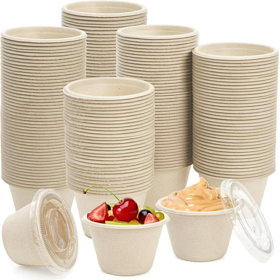 200 Pack 4 Oz Disposable Condiment Portion Cups, Small Sauce Dipping Container with Clear Lid, Leak Proof Souffle Ramekin Bowl, Sample Serving Cup for Snack Tasting, Charcuterie, Natural Color