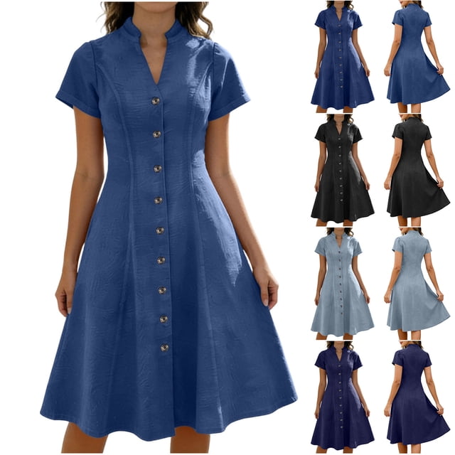Yuyuzo Robes d'Été pour Femmes Chemises à Boutons Col en V Robes Ligne Décontractée Couleur Unie Robe Midi