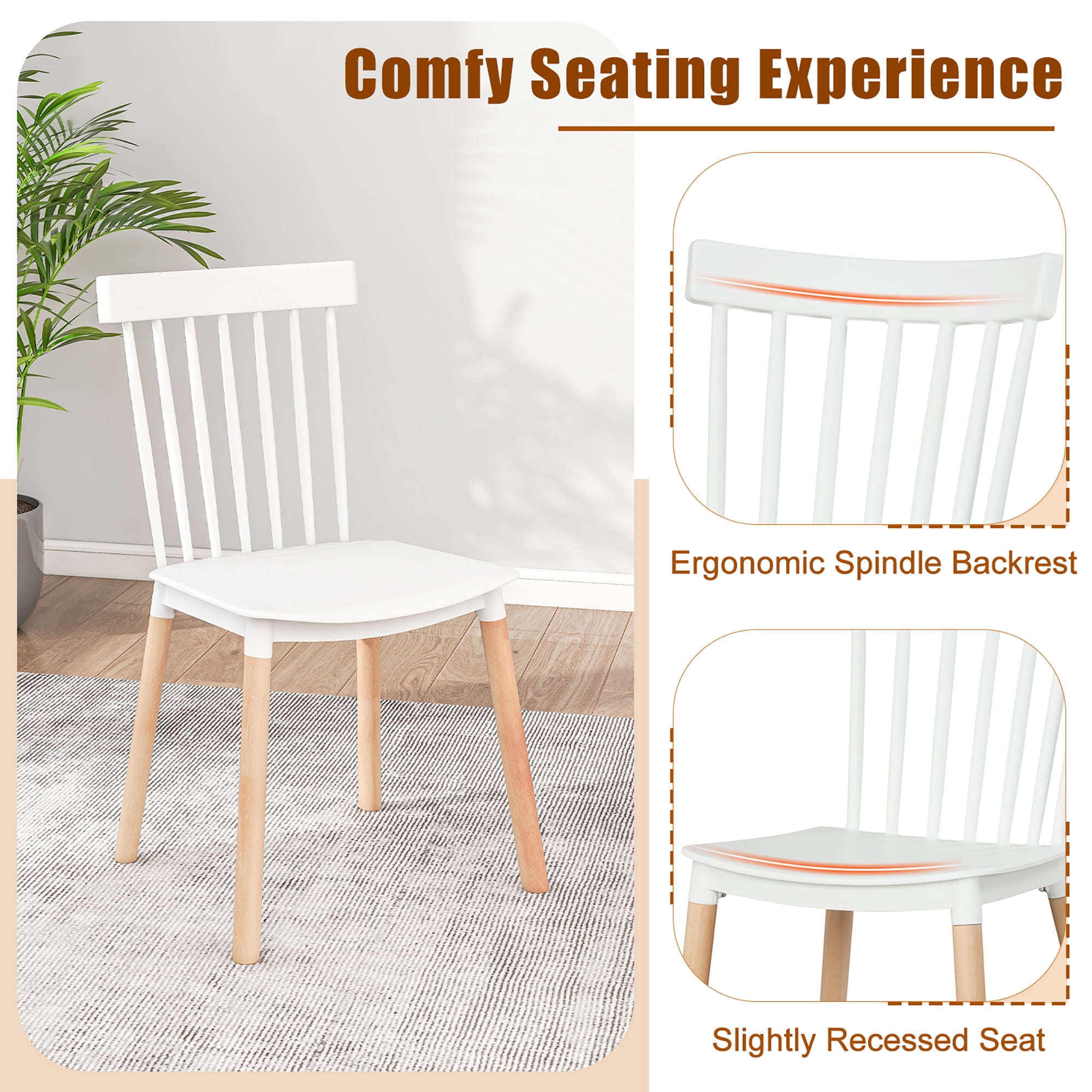 Gymax Set of 4 Windsor Dining Chairs Dining Chairs w/ Spindle Backs & Curved Seats White