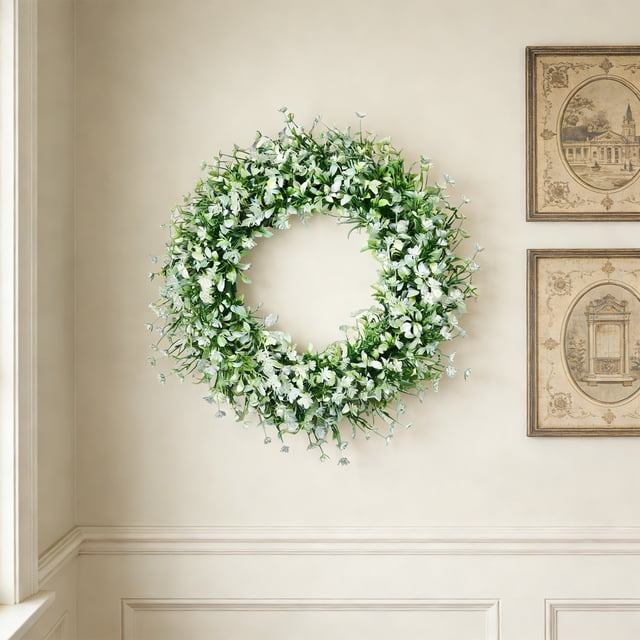 2026 Spring Kids Breath Camellia Wreath 17.71In Delicate Visual Appearance Dry Environment Storage All Season Display Feature Ornament for Home Garden Gate Front Door Mantel Festival Decor