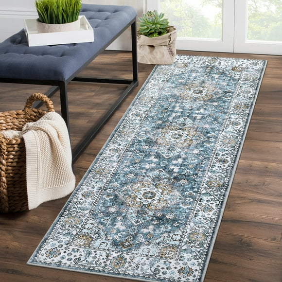 EastVita Area Rugs Carpets 2*6 Long Runner Rug Non-Slip Washable Bedsides Rug Runner Vintage Rug Soft Floral Print Rug Indoor Rug for Hallway Laundry,Blue blue 2*6ft