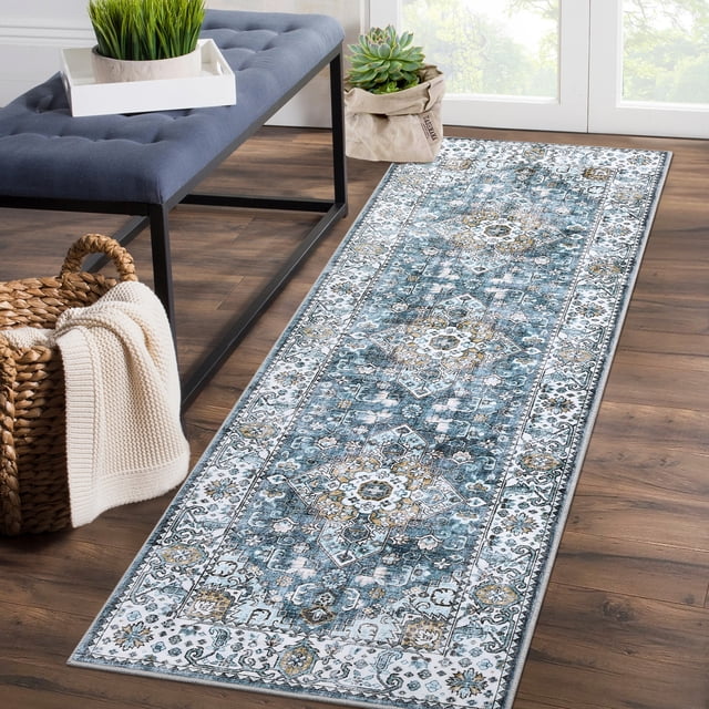 GlowSol 2x6 Persian Long Runner Rug Non-Slip Washable Thin Rug Runner Vintage Rug Soft Floral Bedsides Rug Indoor Rug for Hallway Laundry, Blue