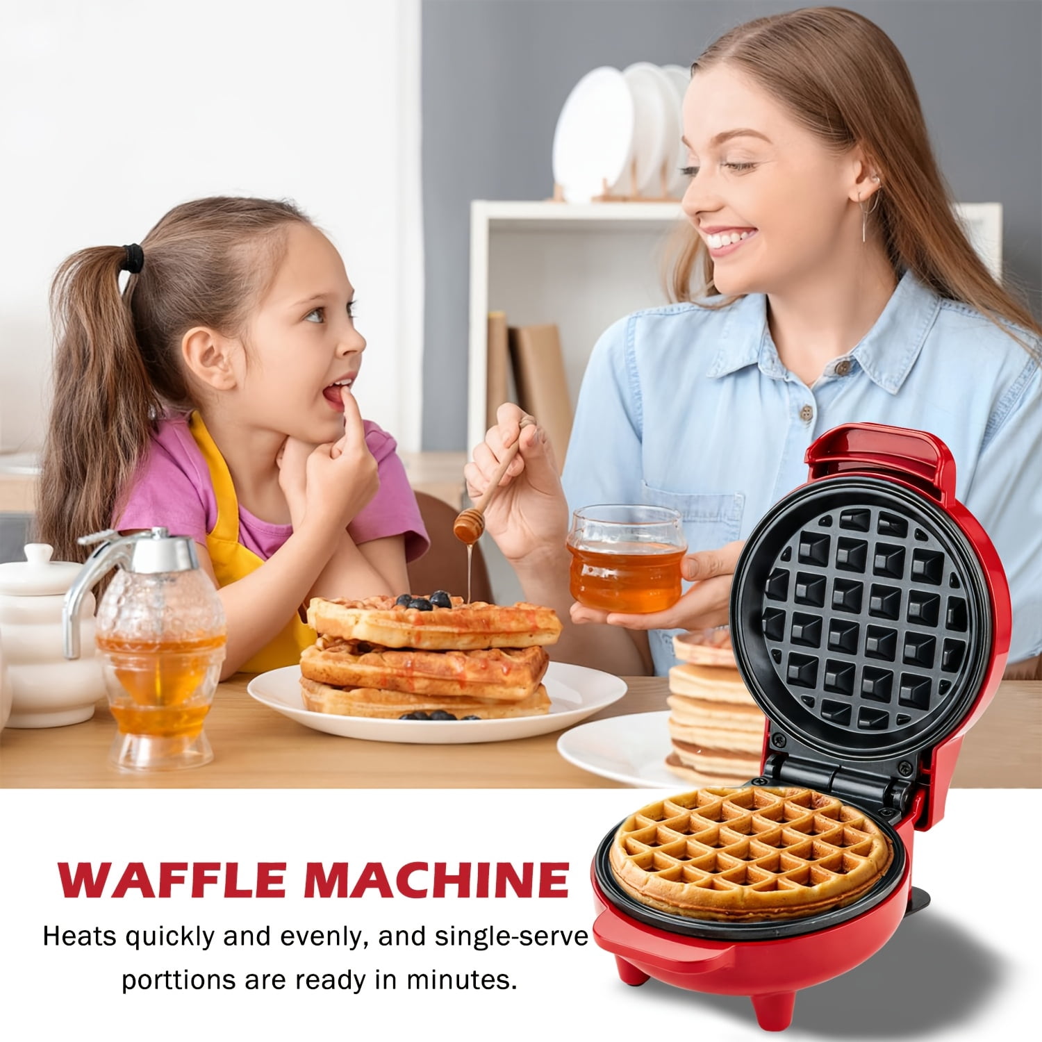 Mini Waffle Maker, 4.5" Non-Stick Griddle, 550W Fast Cooking Under 4 Mins, Perfect for Breakfast Brunch Lunch Snacks, Red