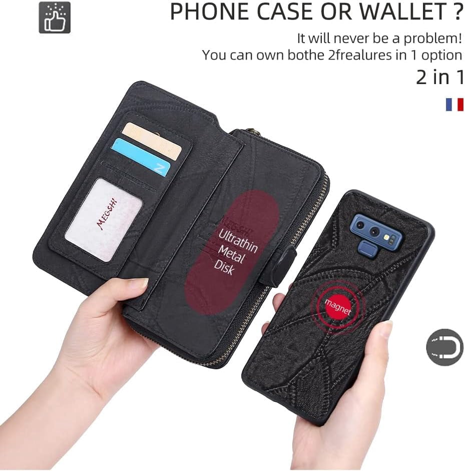 Phone Case for Samsung Galaxy Note 9 Zipper Wallet Detachable Cover with Tempered Glass Screen Protector and Leather Flip Mirror Card Holder Cell Accessories Note9 Not S9 Women Men Black