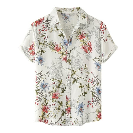 

Men s Casual Fashion Shirt Top Flower Hawaii Printed Loose Top Shirt Short Sleeve Turn-Down Collar Button Shirt