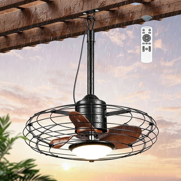 20" Outdoor Ceiling Fan with Light and Remote, Hanging Caged Waterproof Wet Rated Dimmable Gazebo Fan for Patio, Porch, Pergola Canopy