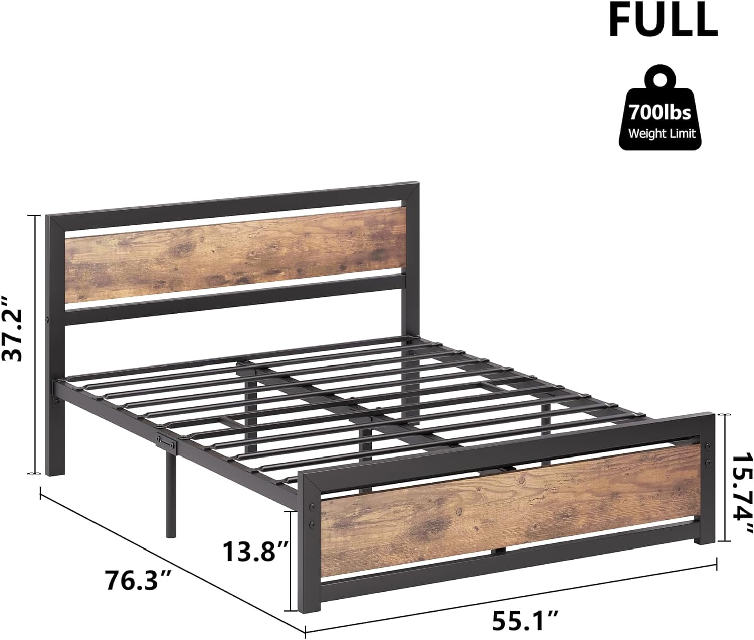 GAOMON Bed Frame, Full Size Bed Frame with Wooden Headboard & Footboard, Industrial Platform, 14-Inch Mattress Foundation, No Box Spring Needed